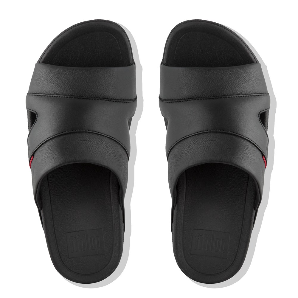 Fitflop Mens Slides - Freeway Leather Pool - Black - 213-QFZWKI